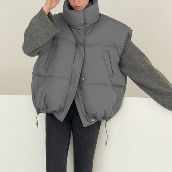 Grey Casual Women's Drawstring Hem Sleeveless Zip Front Puffer Pockets Coat - Picture 3 of 8